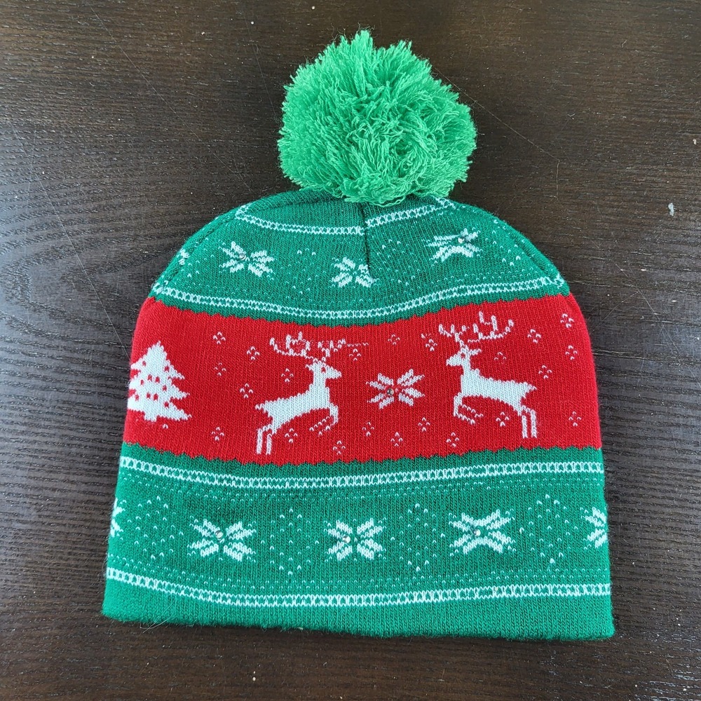 Christmas Reindeer Light Up Hat Beanie Green Pom Pom One Size Festive Holiday